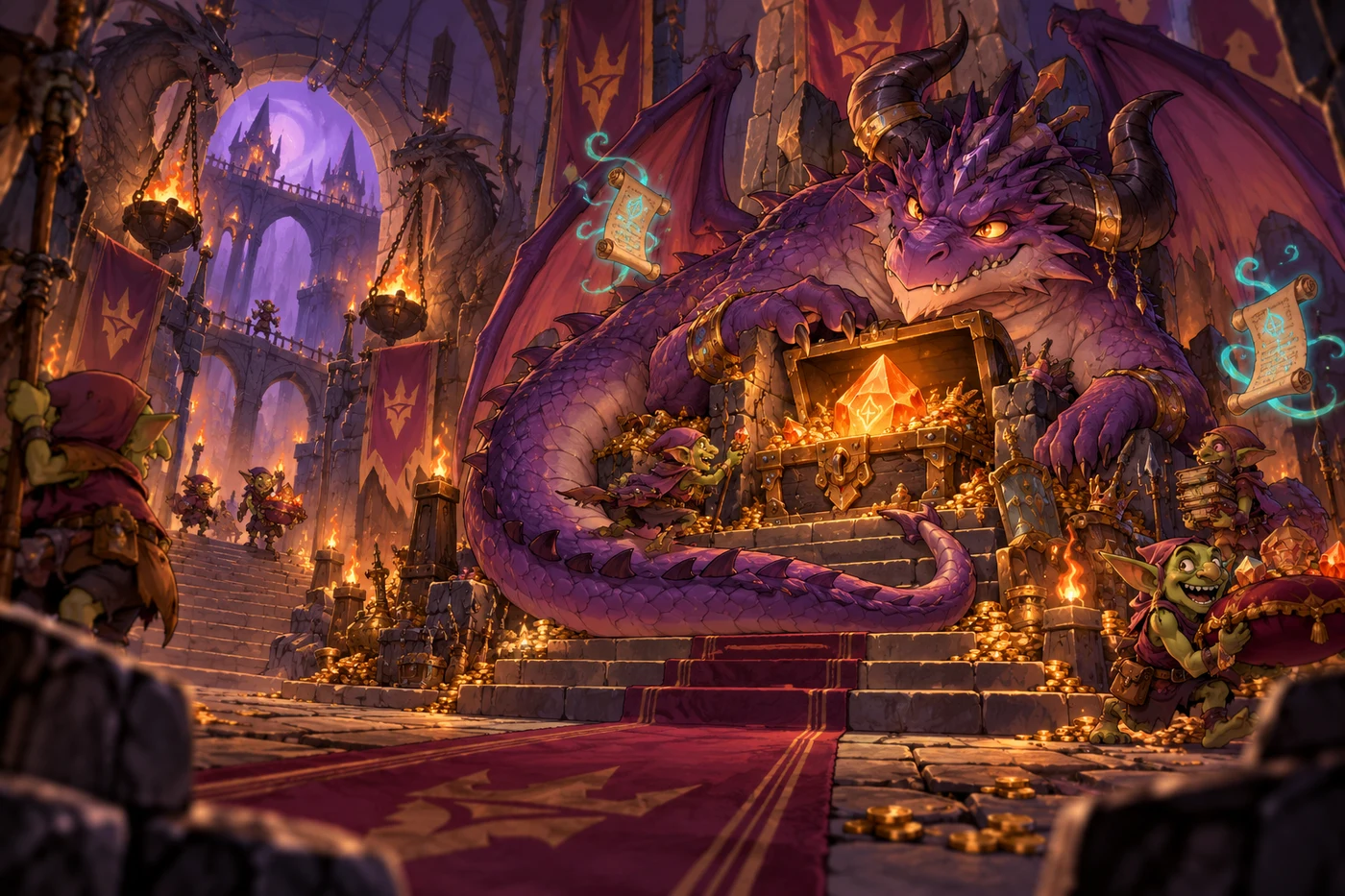 Mischievous purple dragon guarding a glowing rune in a grand dungeon