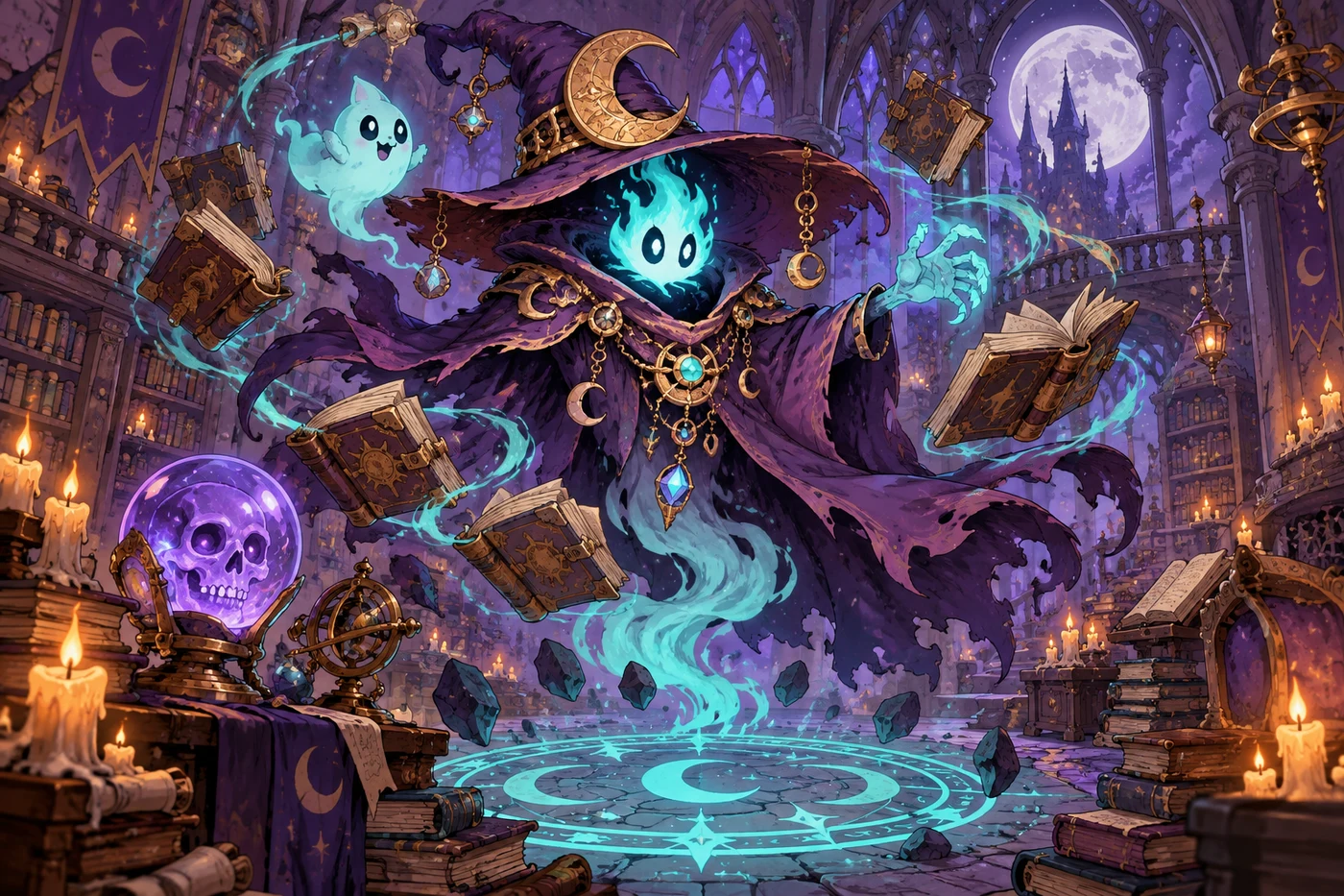 Ghostly wizard surrounded by enchanted books in a moonlit library